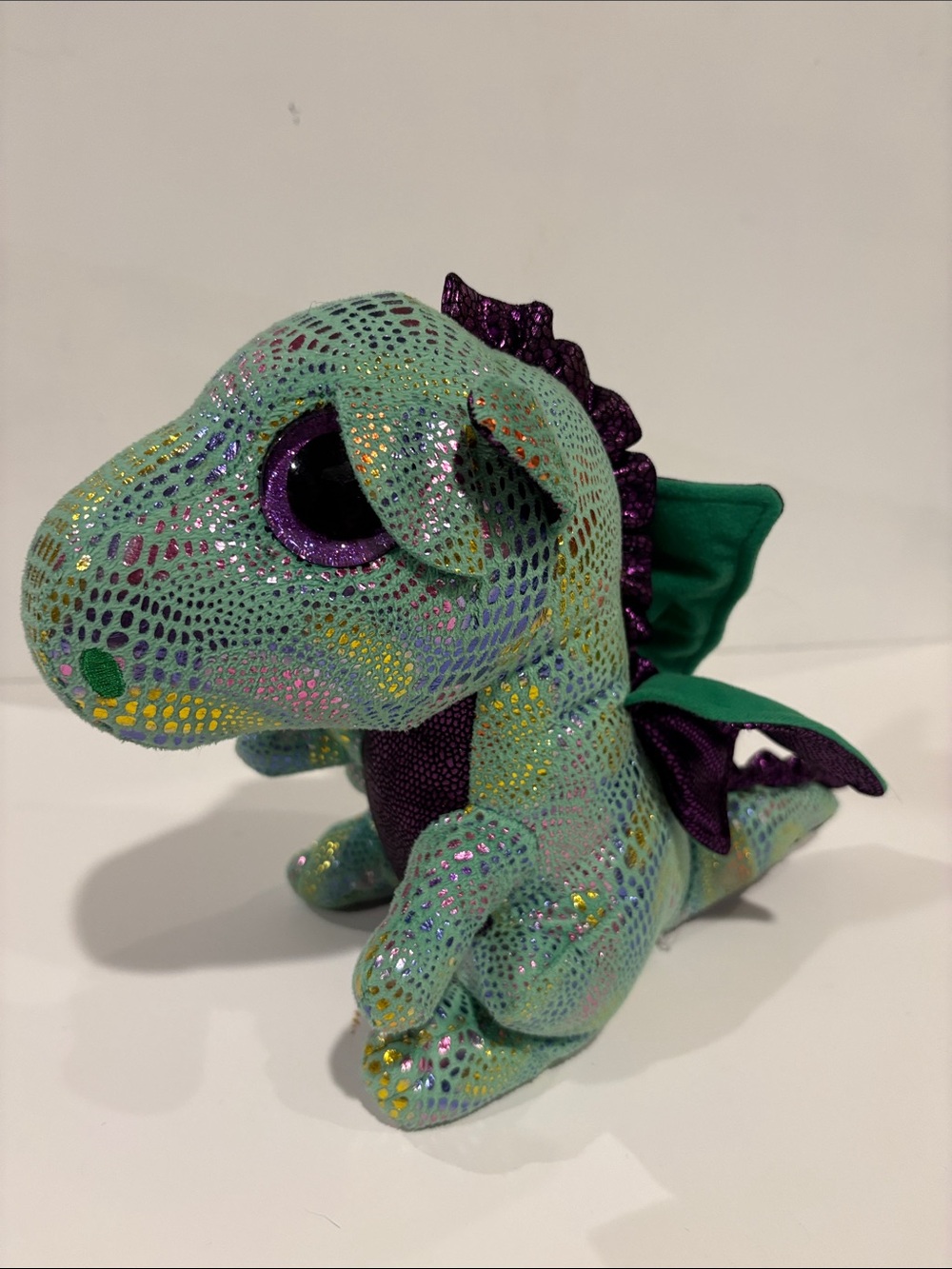 Ty Sparkly Green Mint Dragon Plush with Purple Accents